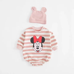 Striped Bodysuit +Knitted Hat Newborn Clothes New Cartoon Print Long Sleeve Jumpsuits Baby Cute Fashion Triangle Pants Rompers