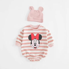 Striped Bodysuit +Knitted Hat Newborn Clothes New Cartoon Print Long Sleeve Jumpsuits Baby Cute Fashion Triangle Pants Rompers