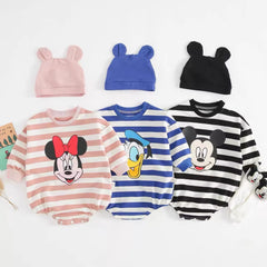 Striped Bodysuit +Knitted Hat Newborn Clothes New Cartoon Print Long Sleeve Jumpsuits Baby Cute Fashion Triangle Pants Rompers