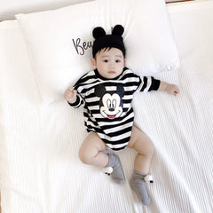 Striped Bodysuit +Knitted Hat Newborn Clothes New Cartoon Print Long Sleeve Jumpsuits Baby Cute Fashion Triangle Pants Rompers