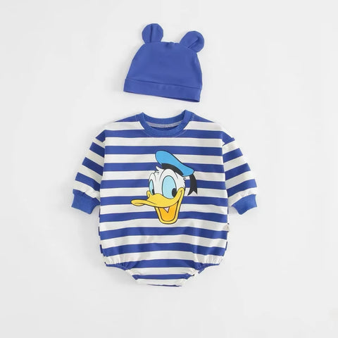 Striped Bodysuit +Knitted Hat Newborn Clothes New Cartoon Print Long Sleeve Jumpsuits Baby Cute Fashion Triangle Pants Rompers