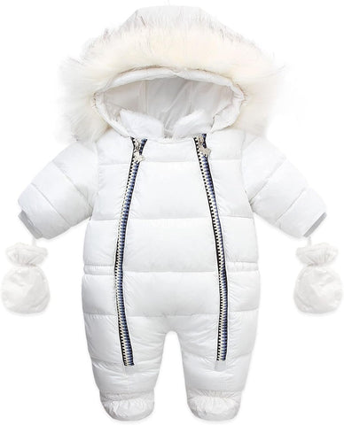 Baby Girl Boy Snowsuit Winter Jacket Clothes Zipper Jumpsuit Hooded Fleece Rompers Long Sleeve Onesies Outwear Outfits W126 White