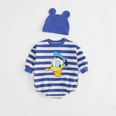 Striped Bodysuit +Knitted Hat Newborn Clothes New Cartoon Print Long Sleeve Jumpsuits Baby Cute Fashion Triangle Pants Rompers