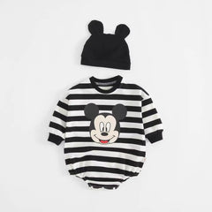 Striped Bodysuit +Knitted Hat Newborn Clothes New Cartoon Print Long Sleeve Jumpsuits Baby Cute Fashion Triangle Pants Rompers